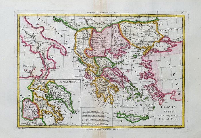 Europa - Grækenland, Kreta, Heraklion, Peloponnes, Balkan; Desmarest  Bonne - Graecia Vetus - 1781-1800