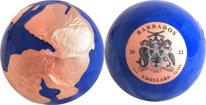 Barbados. 5 Dollars 2022 Blue Marble Rose Gold - 3D Planet, 3 Oz (.999)