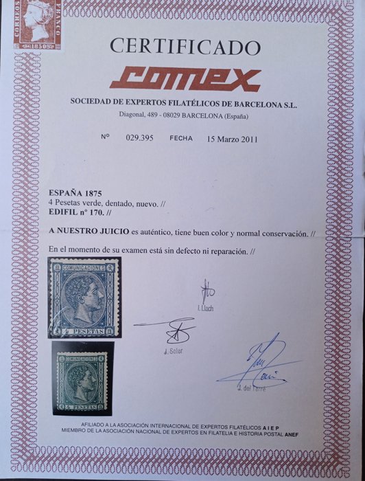 Spanien 1875 - AlfonsoXll. 4 grønne pesetas. Comex certifikat. - Edifil 170