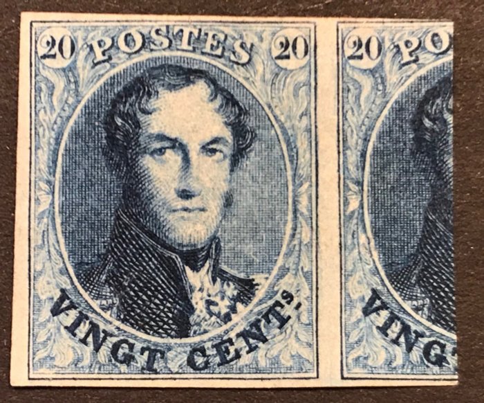 Belgien 1861 - Leopold I: 'Rund medaljon' - uden vandmærke - 20c Clear Blue - Luksusmargener og nabo - OBP/COB 11 - CERTIFICAAT KAISER