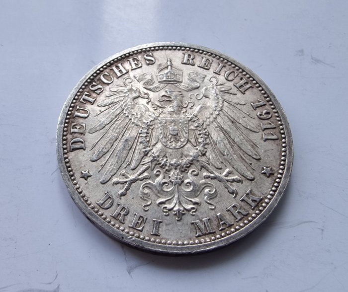 Tyskland, Württemberg 3 Mark 3 Mark 1911 F Württemberg Silver 25th Anniversary - Wedding of William II  Charlotte .900 Silber  (Ingen mindstepris)