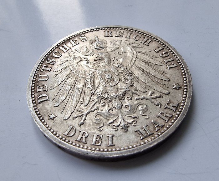 Tyskland, Württemberg 3 Mark 3 Mark 1911 F Württemberg Silver 25th Anniversary - Wedding of William II  Charlotte .900 Silber  (Ingen mindstepris)