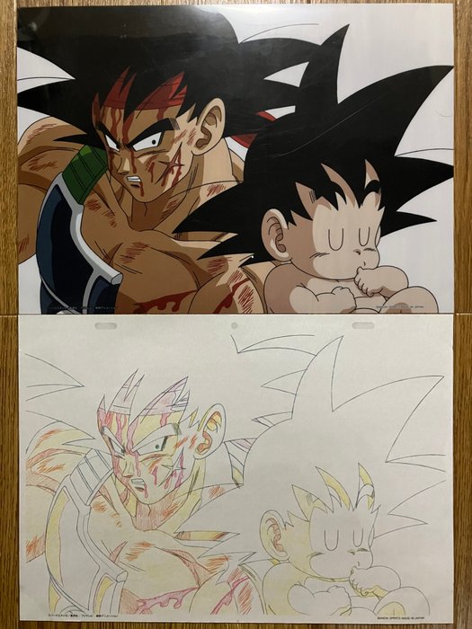 Akira Toriyama - 2 Officielle replikaer af animationscel og sketch - Dragon Ball - Goku and his father Bardock