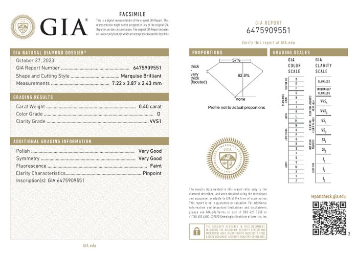 1 pcs Diamant  (Natur)  - 040 ct - Marquise - D (farveløs) - VVS1 - Gemological Institute of America (GIA) - *VG FNT*