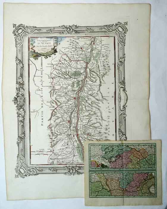 Europa - Rhinen, Alsace, Frankrig, Schweiz, Tyskland, Holland...; J.C. Weigel / Brion de la Tour [2 maps] - Totius Flumini Rheni / Gouvernement et Generalité D´Alsace Avec les Grandes Routes - 1701-1720