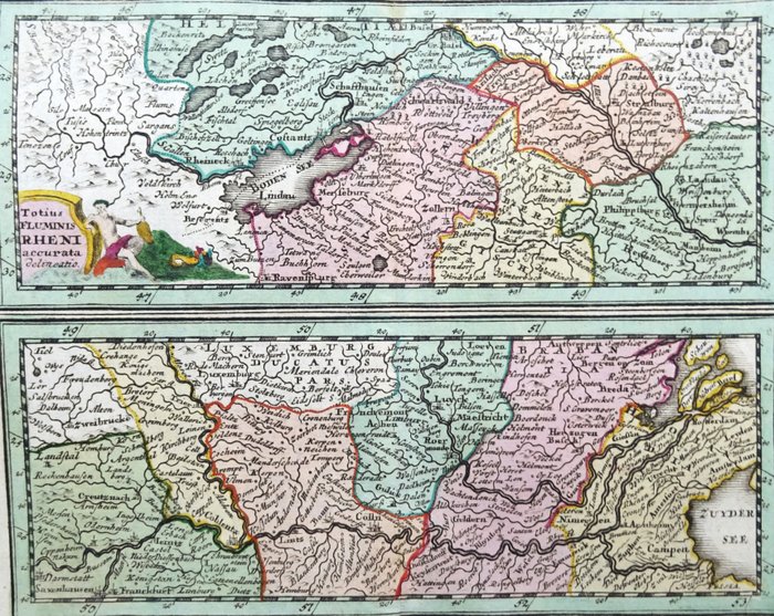 Europa - Rhinen, Alsace, Frankrig, Schweiz, Tyskland, Holland...; J.C. Weigel / Brion de la Tour [2 maps] - Totius Flumini Rheni / Gouvernement et Generalité D´Alsace Avec les Grandes Routes - 1701-1720