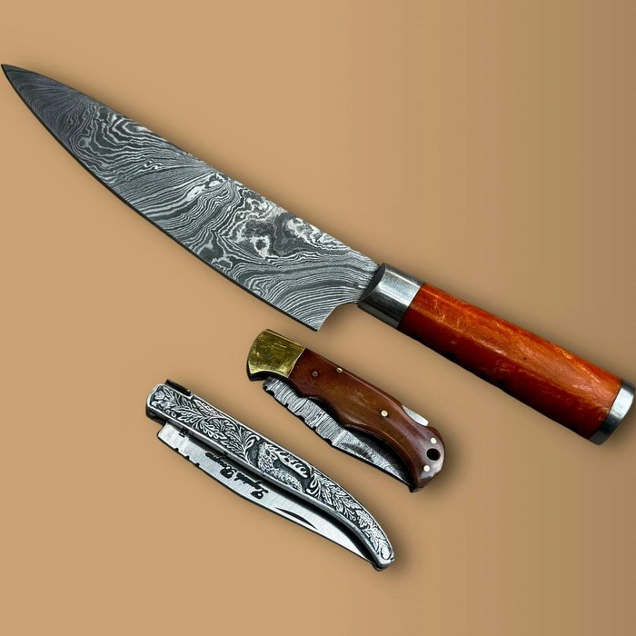 Køkkenkniv - Chef's knife - Harpiks, Knogle, Stål, 3, af slagsen japansk stil køkkenkniv og gamle franske traditionelle Laguiole mix knive, smedet i - Asien