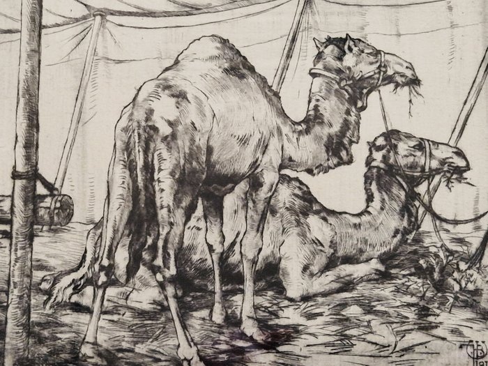 Willem Hendrik Bik (1880-1918) - Dromedary camels in a Bedouin Tent