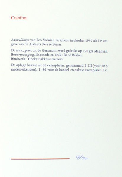 Leo Vroman, Georgine Sanders - Lot met 2 uitgaven van de Atalanta Pers - 1997-2001