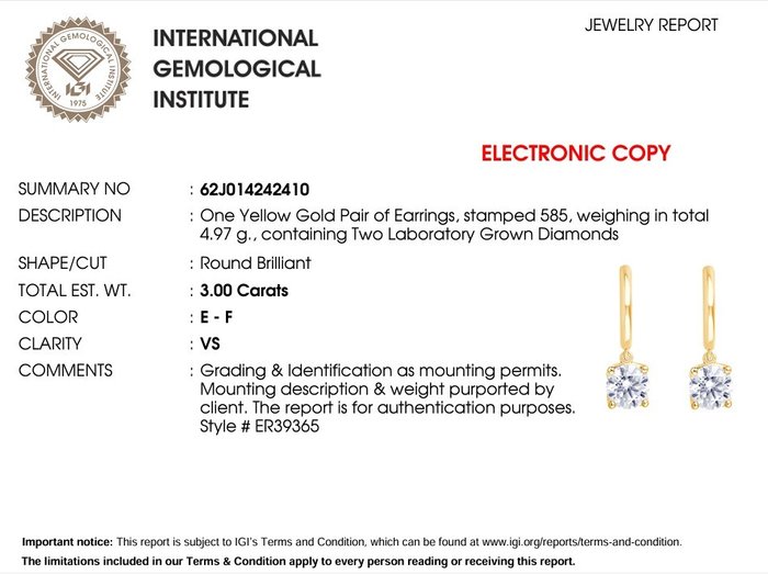 Øreringe - 14 karat Gulguld -  3.00ct. tw. Diamant (Laboratoriedyrket)