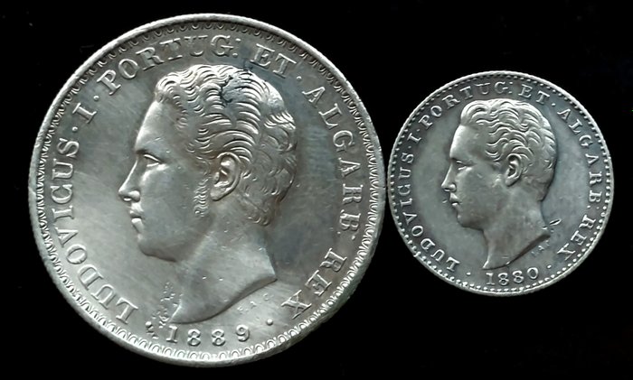 Portugal. 2 moedas - 500 Réis 1889 e 100 reis 1880 Luís I  (Ingen mindstepris)