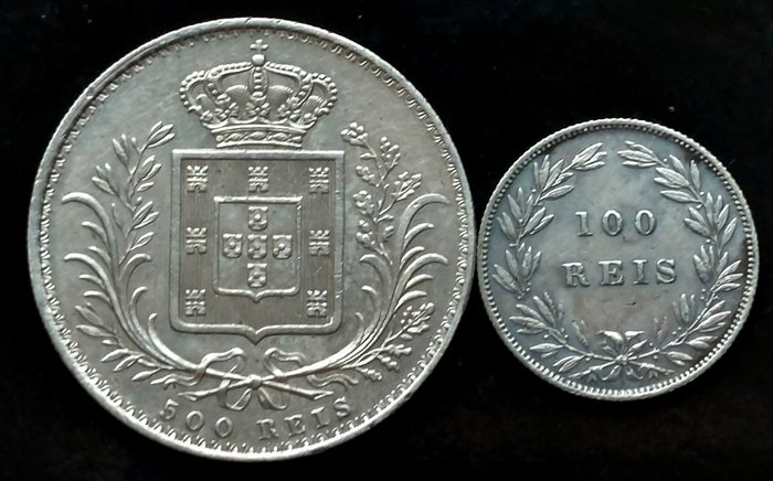 Portugal. 2 moedas - 500 Réis 1889 e 100 reis 1880 Luís I  (Ingen mindstepris)