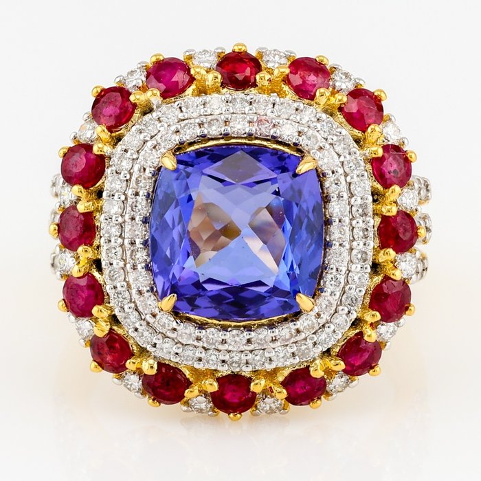 (GIA Certified)-Tanzanite (385) Cts -Ruby (151) Cts (16) Pcs-Natural Diamond (083) Cts (110) - Ring Gulguld Hvidguld