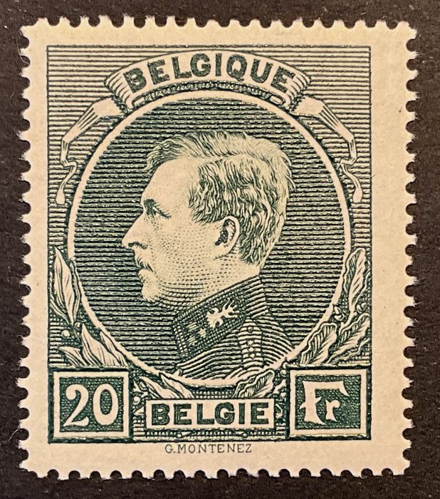 Belgien 1929 - Stor Montenez - 20fr Grågrøn - Mechelse Print - POSTFRIS - OBP 290A