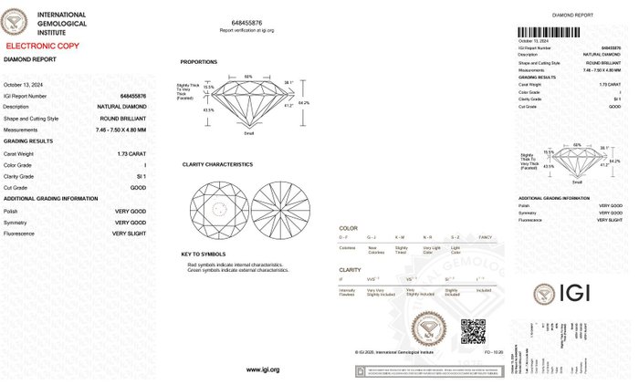 1 pcs Diamant  (Natur)  - 1.73 ct - Rund - I - SI1 - International Gemological Institute (IGI)