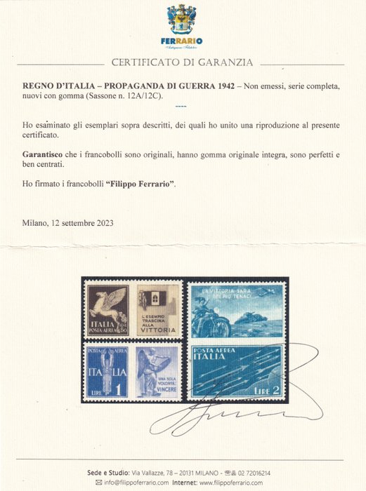 Italien Kongerige 1942 - Krigspropaganda, ikke udstedt. Komplet serie MNH s.1601