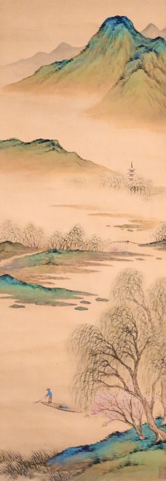 Willow Scenery - Mountain and River Boat Landscape - Hanging Scroll - “Kubota Kougei 久保田香芸（1890-1969）” - Japan  (Ingen mindstepris)