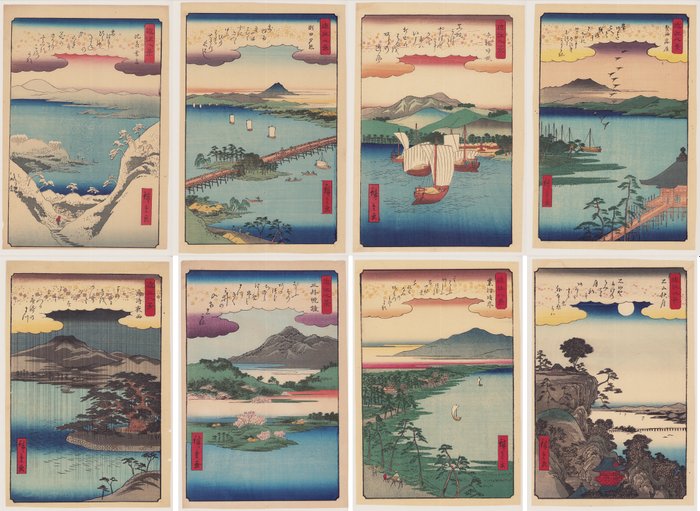 Eight prints from the series The Eight Views of Ōmi - reprints from the Showa Period - Utagawa Hiroshige 歌川広重 (1797-1858) - Japan -  Shōwa-periode (1926-1989)