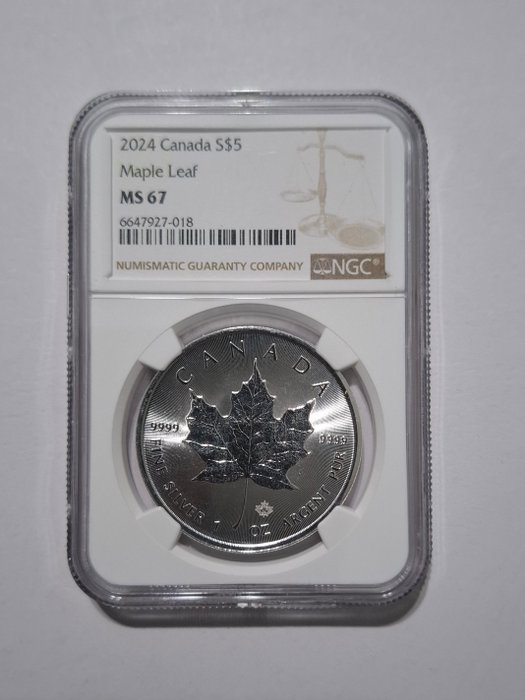 Canada. 5 Dollars 2024 Maple Leaf, 1 Oz (.999) - MS 67  (Ingen mindstepris)