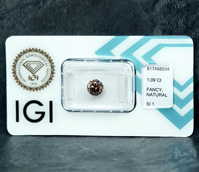 1 pcs Diamant  (Naturfarvet)  - 1.09 ct - Fancy Brunlig Gul - SI1 - International Gemological Institute (IGI)