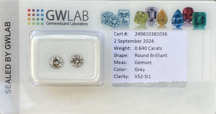 Ingen mindstepris - 2 pcs Diamant  (Natur)  - 064 ct - Rund - SI1 VS2 - Gemewizard Gemological Laboratory (GWLab) - Grå