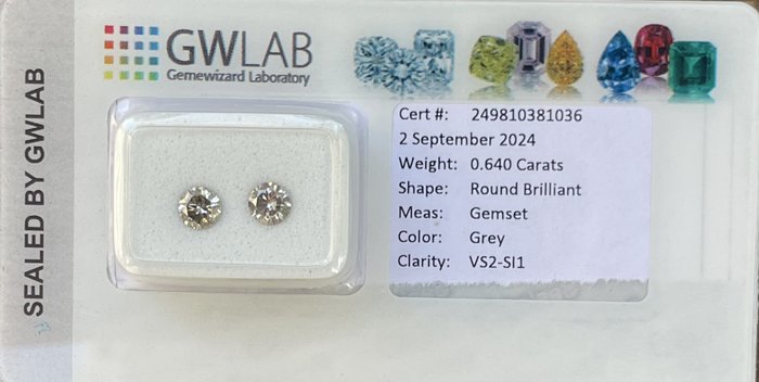 Ingen mindstepris - 2 pcs Diamant  (Natur)  - 064 ct - Rund - SI1 VS2 - Gemewizard Gemological Laboratory (GWLab) - Grå