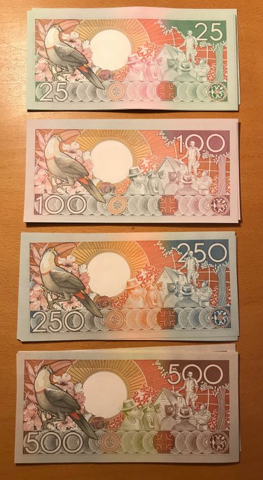 Surinam. - 10 x 25, 100, 250, 500 Gulden 1986-88 (40 banknotes) - Pick 1132b, 133a, 134, 135b  (Ingen mindstepris)