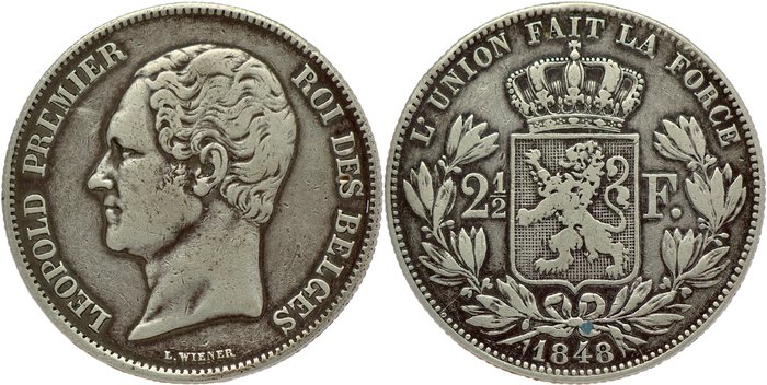 Belgien. Leopold I (1831-1865). 2½ Francs 1848 - small head type - low mintage - SCARCE