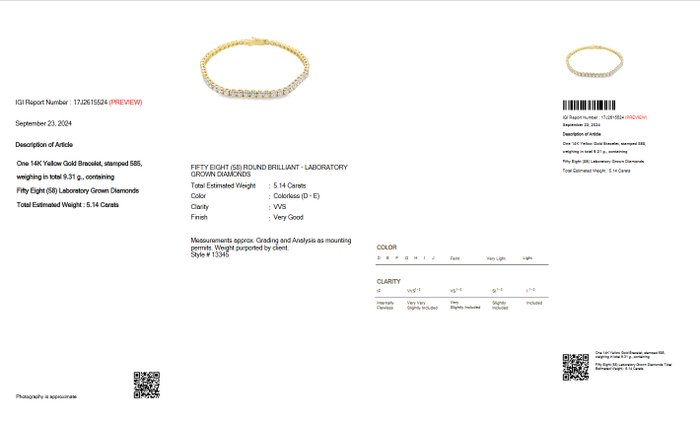 Ingen mindstepris - Tennisarmbånd - 14 karat Gulguld -  5.14ct. tw. Diamant (Laboratoriedyrket) - D-E VVS IGI CERTIFICERT