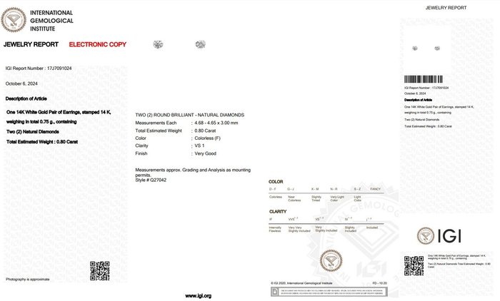 Øreringe - 14 karat Hvidguld -  0.80ct. tw. Diamant (Natur)