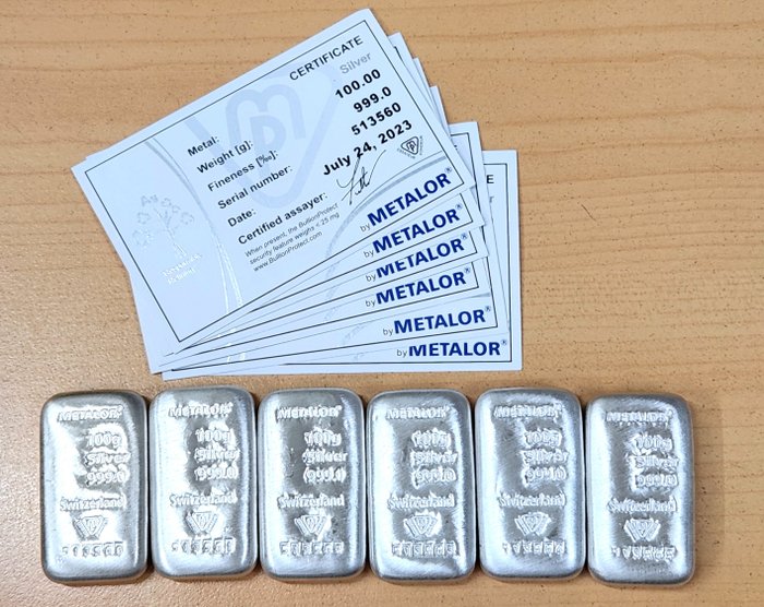 600 grs (6 x 100 grs) - Sølv 999 - Metalor - Med certifikat