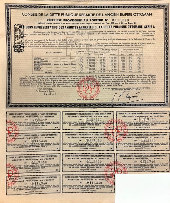 Det Osmanniske Rige. - 10 Bonds - 1933 - Publique Répartie de l'Ancien Empire Ottoman  (Ingen mindstepris)