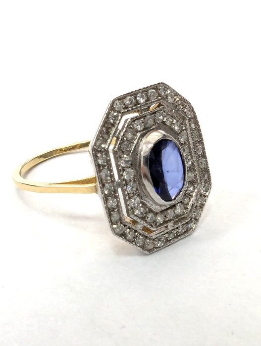 Ring - 18 kraat Hvidguld Safir - Diamant