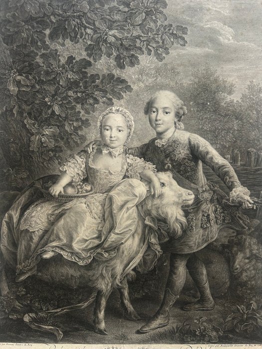 Jacques Firmin Beauvarlet (1731- 1797), after, Drouais François Hubert (1727-1775) - Borboni, Napoli //Le comte d'Artois enfant soutenant Mlle Clotilde montée sur une chèvre