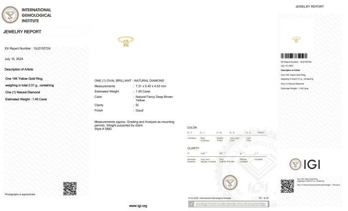 Ring - 14 karat Gulguld -  1.40ct. tw. Diamant (Naturfarvet)