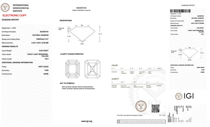 Ingen mindstepris - 1 pcs Diamant  (Naturfarvet)  - 0.50 ct - Smaragd - Fancy light Brunlig Gul - VS2 - International Gemological Institute (IGI)