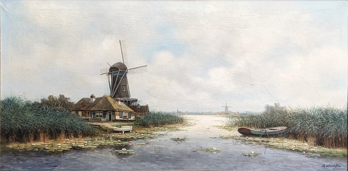 Bram Woudstra (XX) - Dutch Polder Landscape with a Windmill by a Canal