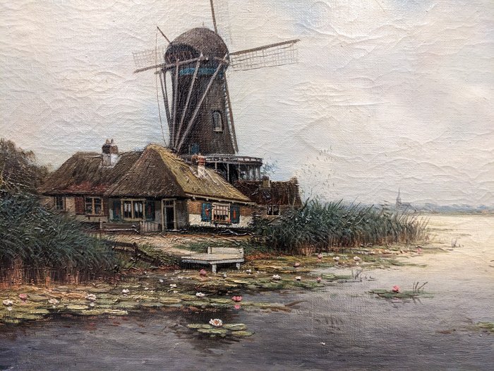 Bram Woudstra (XX) - Dutch Polder Landscape with a Windmill by a Canal