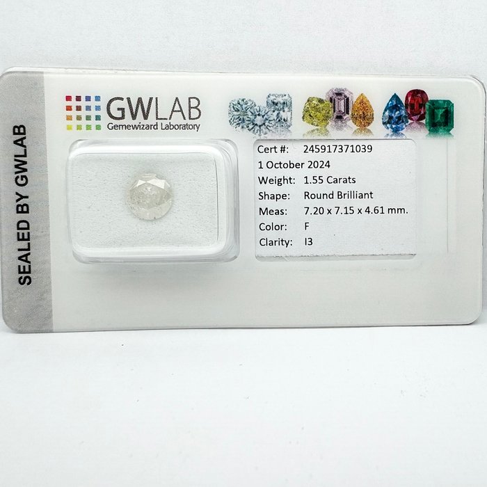 Ingen mindstepris - 1 pcs Diamant  (Natur)  - 1.55 ct - Rund - F - I3 - Gemewizard Gemological Laboratory (GWLab)