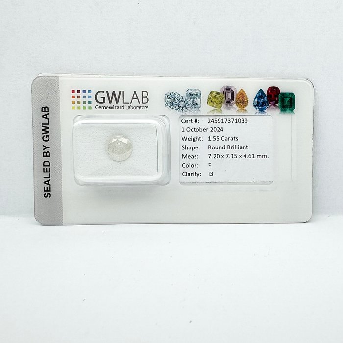 Ingen mindstepris - 1 pcs Diamant  (Natur)  - 1.55 ct - Rund - F - I3 - Gemewizard Gemological Laboratory (GWLab)