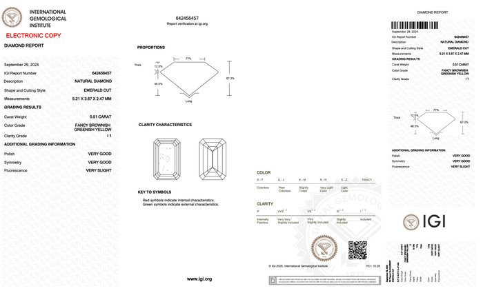 Ingen mindstepris - 1 pcs Diamant  (Naturfarvet)  - 0.51 ct - Smaragd - Fancy Brunlig, Grønlig Gul - I1 - International Gemological Institute (IGI)