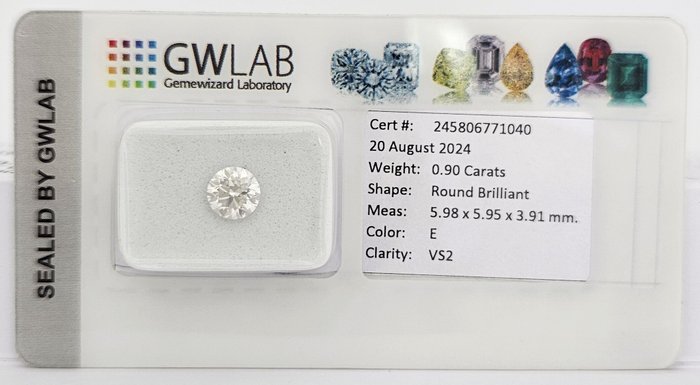 1 pcs Diamant  (Natur)  - 090 ct - Rund - E - VS2 - Gemewizard Gemological Laboratory (GWLab) - E/VS2