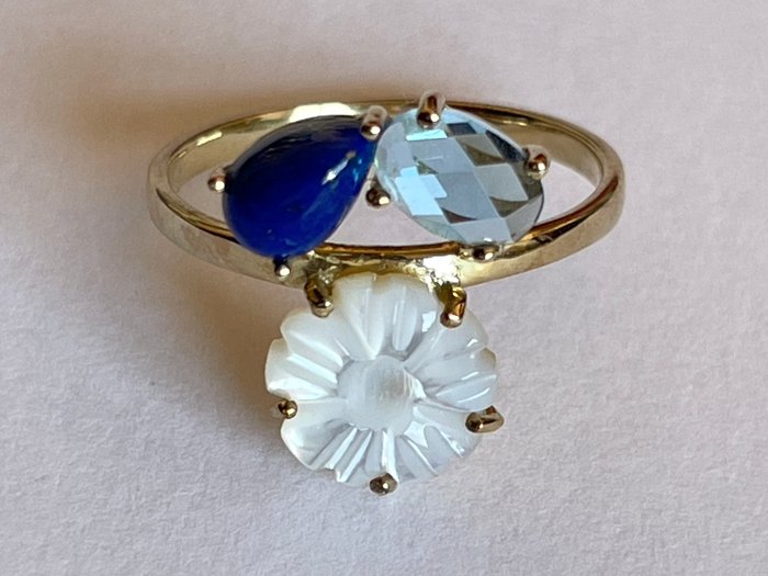 Ingen mindstepris - Ring 9K guld - Perlemor, Blå Topaz, Lapis Lazuli