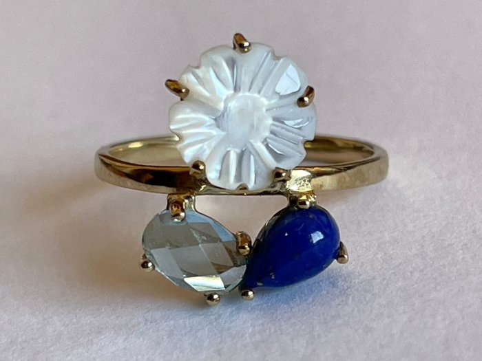 Ingen mindstepris - Ring 9K guld - Perlemor, Blå Topaz, Lapis Lazuli