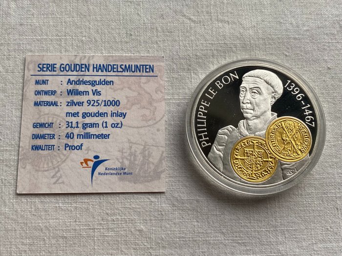 Hollandske Antiller. 10 Gulden 2001 Handelsmunt 'Philips de Goede' zilver met gouden inlay  (Ingen mindstepris)