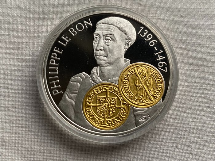 Hollandske Antiller. 10 Gulden 2001 Handelsmunt 'Philips de Goede' zilver met gouden inlay  (Ingen mindstepris)