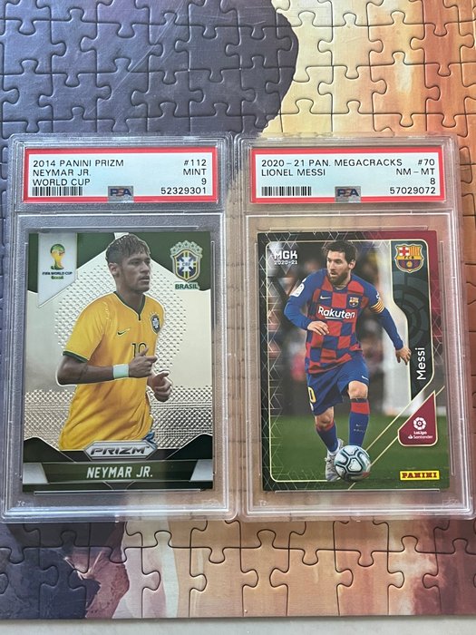 2014 and 2020-21 Panini Neymar Jr  Lionel Messi PSA 9 - 2 Graded card