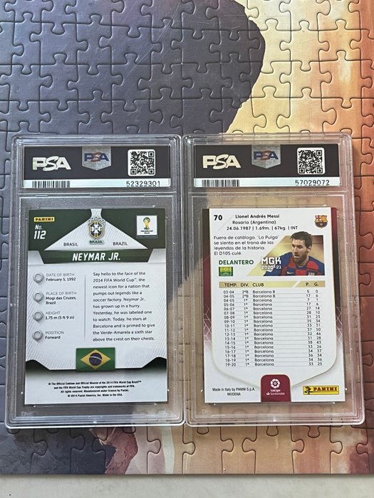 2014 and 2020-21 Panini Neymar Jr  Lionel Messi PSA 9 - 2 Graded card