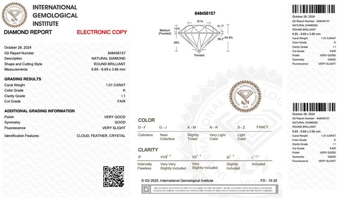 Ingen mindstepris - 1 pcs Diamant  (Natur)  - 1.01 ct - Rund - K - I1 - International Gemological Institute (IGI)