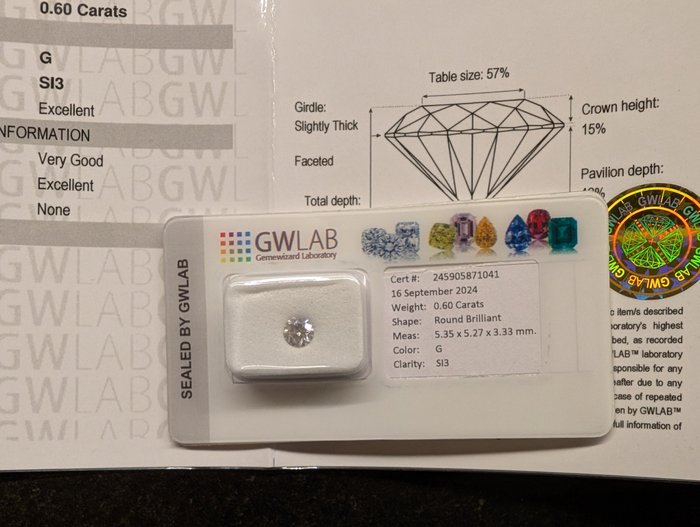 Ingen mindstepris - 1 pcs Diamant  (Natur)  - 0.60 ct - Rund - G - SI3 - Gemewizard Gemological Laboratory (GWLab)